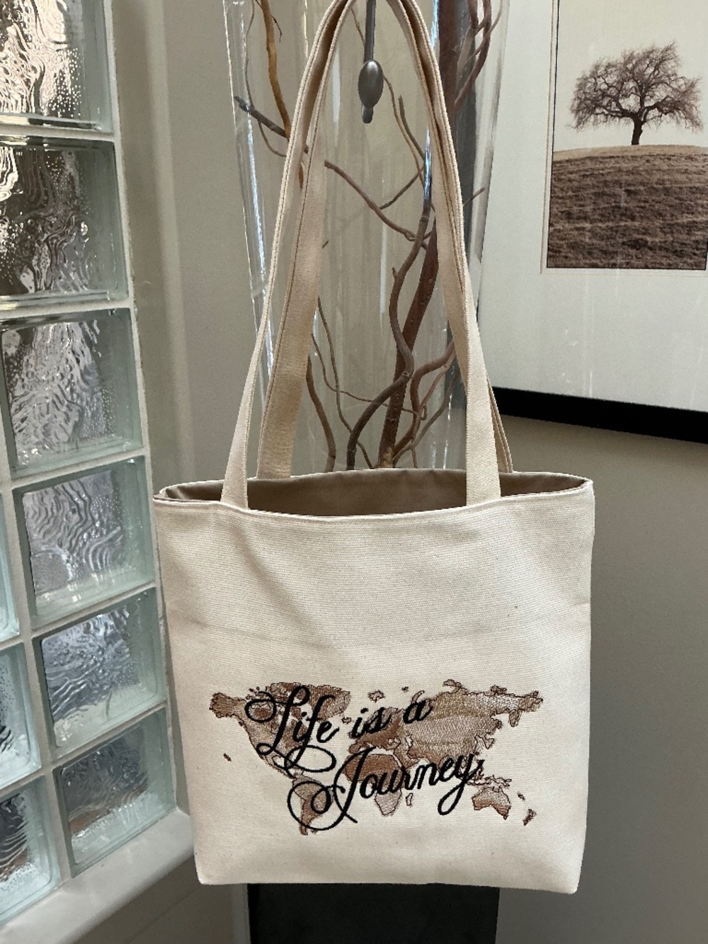 Tote Bag World Life is a Journey. Custom Embroidery. Made in Canada.